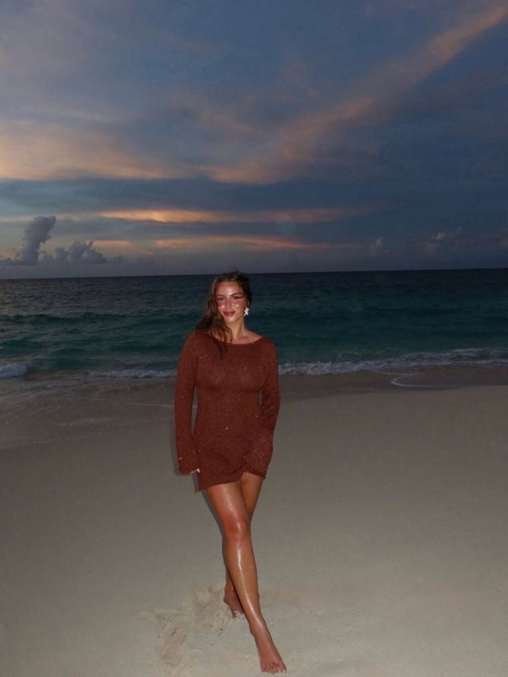 Brown Knit Long-Sleeve Mini Dress